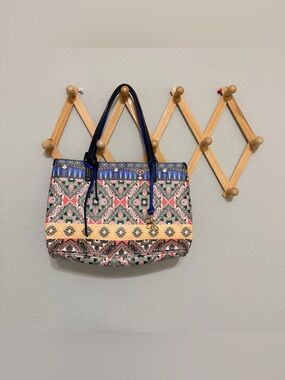 Johnny Was Leather Colorful Pattern Tote Bag